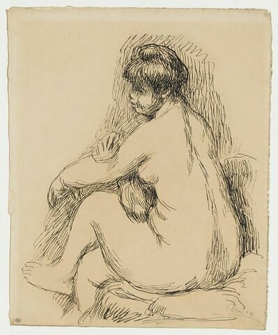 Femme nue, assise, de profil vers la gauche, s'essuyant le bras