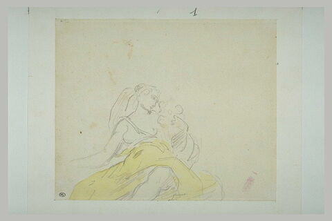 Femme assise, vêtue d'une jupe jaune, image 1/1