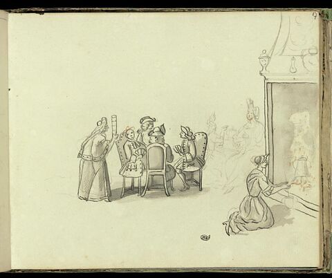 Scène d'intérieur : personnages autour d'une table, près d'une cheminée
