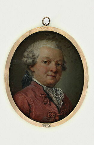 Portrait d'homme portant une perruque et un habit carmin, image 1/1