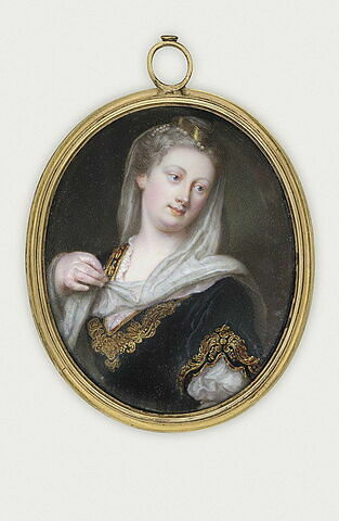 Portrait de femme portant un corsage de velours noir brodé d'or, image 1/1