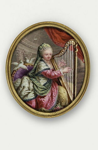 Catherine II jouant de la harpe, vêtue d'un costume brodé de perles