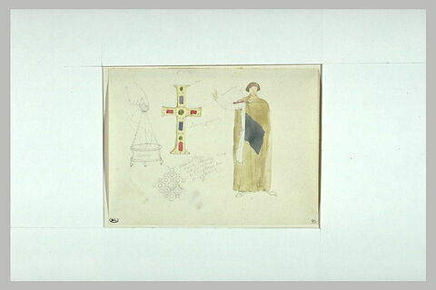 Personnage debout, croix ornée, encensoir, et motif décoratif, image 1/1