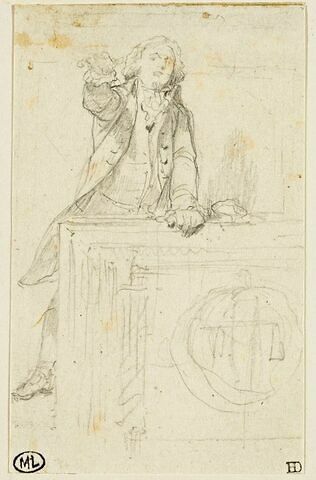 Homme en costume du XVIIIè siècle, s'appuyant à une table, image 1/2