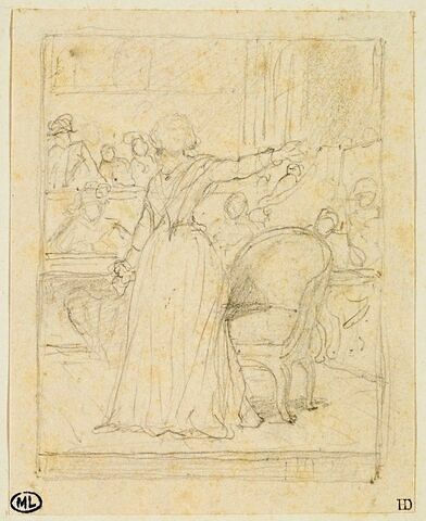 Femme en costume du XVIIIè siècle debout, devant un fauteuil, image 1/2