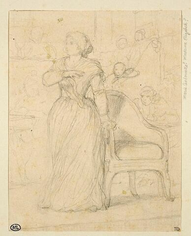 Femme en costume du XVIIIè siècle debout, devant un fauteuil