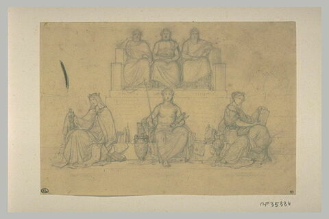 Etude de trois hommes drapés assis sur un trône et de trois figures