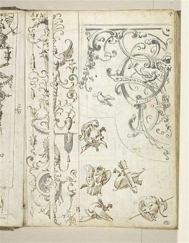Décor d'arabesques, guirlandes et grotesques et cinq trophées avec arc, glaive et carquois, image 1/2