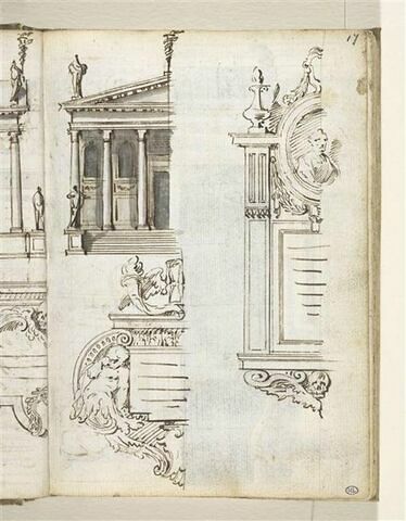 Partie de la façade du temple d'Esculape et deux inscriptions funéraires murales sculptées, image 1/2
