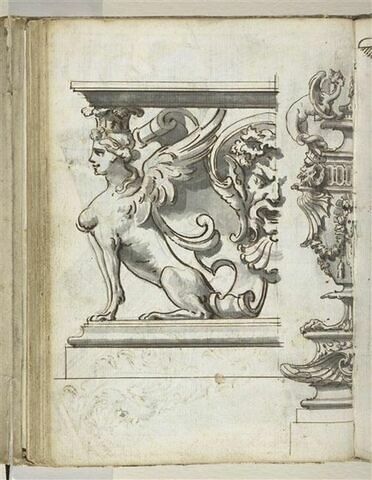 Sphinge ailée soutenant un entablement et détail d'un vase avec décor de mascaron, image 1/2