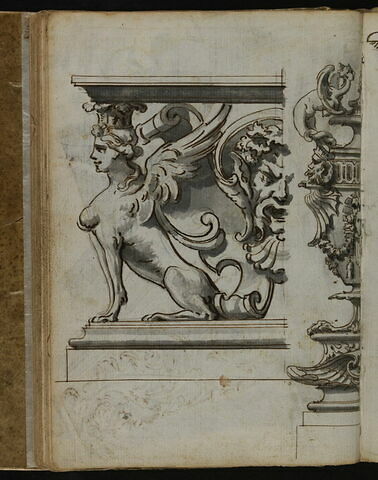 Sphinge ailée soutenant un entablement et détail d'un vase avec décor de mascaron, image 2/2
