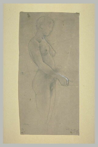 Femme nue, debout, un bras tendu devant elle, image 1/1