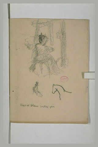 Femme assise, vue de dos; cocher; tête et cou d'un cheval, image 1/1