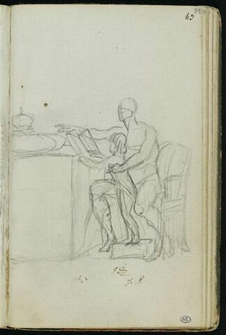Homme nu, assis, et un enfant, devant une table supportant une couronne, image 1/2