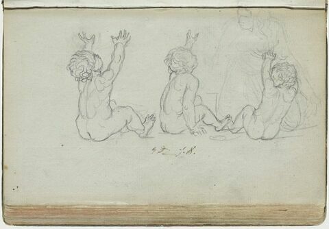 Trois enfants nus, assis par terre, près d'une femme agenouillée, image 1/1
