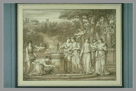 Sept jeunes filles apportant des offrandes sur un petit autel rond, image 1/1