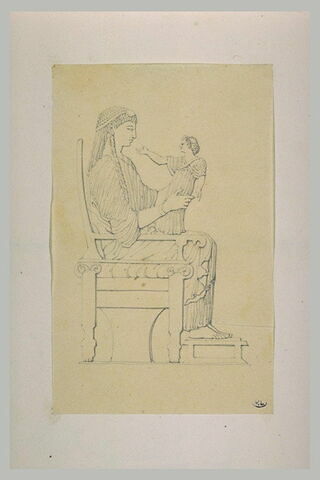 Statue de femme grecque, assise, tenant son enfant debout sur ses genoux, image 1/1