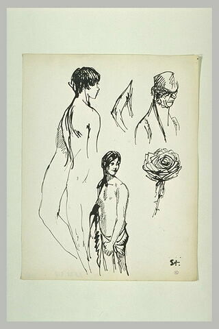 Croquis divers : femmes, rose, homme en buste, jambes, image 1/1