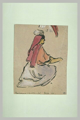 Femme assise par terre, portant un paquet sur la tête, image 1/1