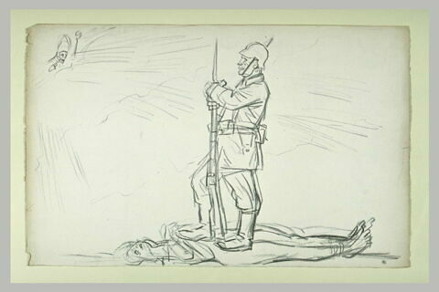 Allégorie de la Guerre : soldat prussien tenant une baïonnette sur une femme, image 1/1