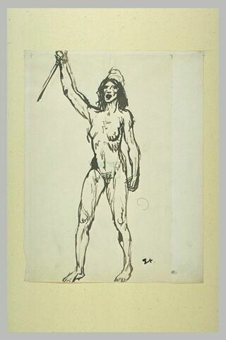 Femme nue, debout, coiffée du bonnet phrygien, brandissant un bâton
