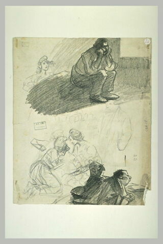 Prisonnier assis, femme coiffée d'un bonnet phrygien et divers personnages