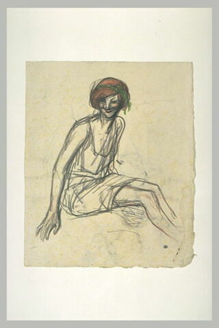 Femme à la chevelure rousse ceinte d'un ruban vert, assise