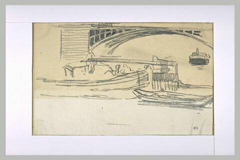 Barques et péniche sous un pont de la Seine, image 1/1