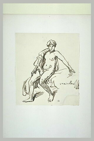 Femme nue, assise, de face, un linge sur l'épaule droite, image 1/1