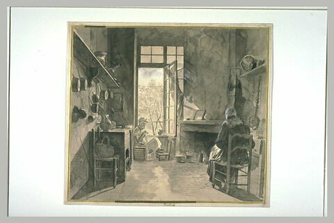 Dans une cuisine carrelée, deux femmes assises en train de coudre, image 1/1