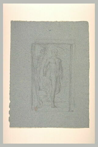 Homme nu, de face, descendant un escalier et esquisse d'une autre figure, image 1/1