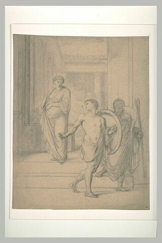 Sujet antique : deux guerriers s'éloignant d'une femme enceinte, image 1/1