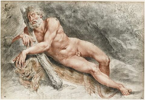 Hercule dormant dans la forêt, couché sur sa peau de lion, tenant sa massue, image 1/2