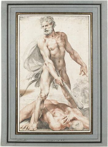 Hercule nu, debout tient la massue avec laquelle il a frappé Cacus étendu, image 1/2
