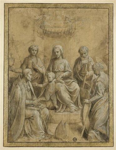 Vierge à l'Enfant en trône, sous un baldaquin, entourée de saint Joseph, sainte Madeleine, sainte Catherine d'Alexandrie et un saint évêque