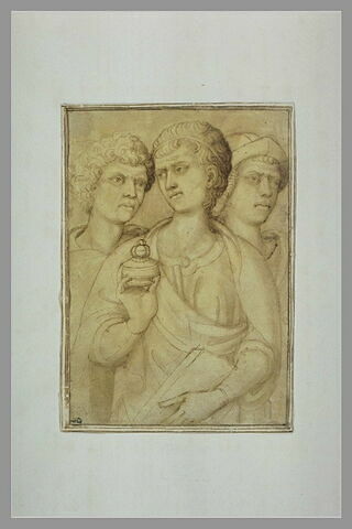 Trois demi-figures d'homme, dont l'une tient un vase et un livre, image 1/1