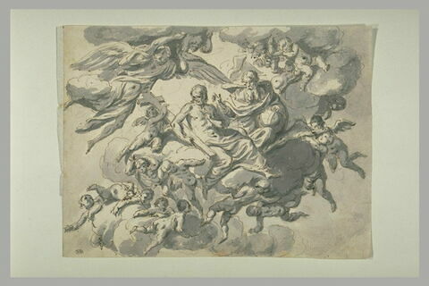Dieu et le Christ tenant la Croix, sur des nuages, entourés d'anges, image 1/1