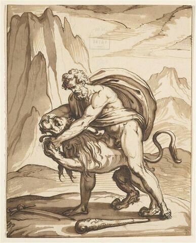 Hercule faisant avaler sa langue à un lion: 'réfréner la colère', image 1/2