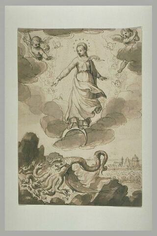 La Vierge sur un croissant au dessus d'un serpent à sept têtes renversées