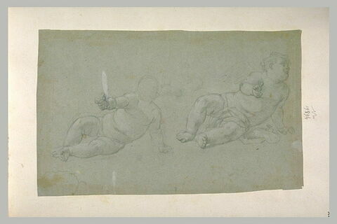 Deux enfants nus, couchés levant le bras droit, image 1/1