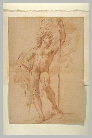 Homme nu, debout, couronné de feuillage, tenant un bâton, image 1/1