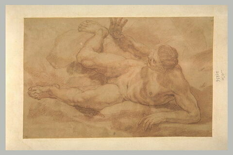 Homme nu, couché sur le côté, jambes écartées, levant le bras droit