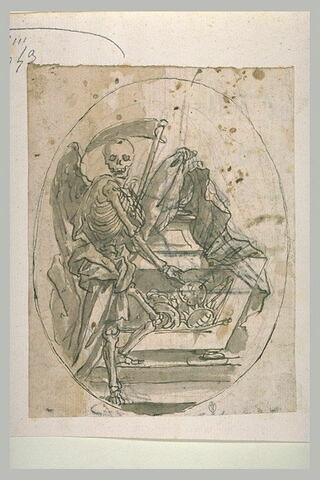 La Mort soulevant un drap recouvrant un cercueil, et montrant des insignes, image 1/1