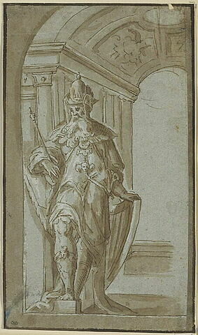 Etude d'une statue de roi, placée sur un piédestal sous une arcade, image 1/1