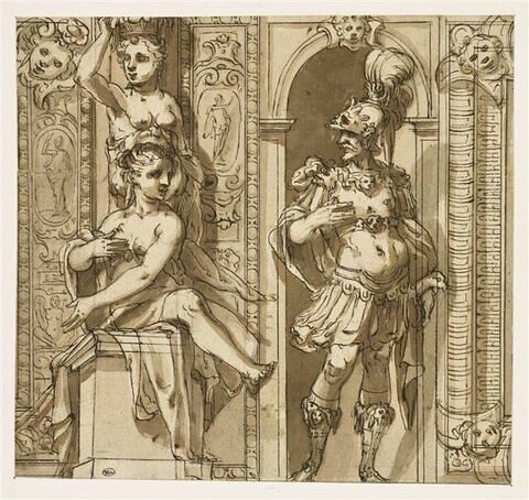 Etude de décoration architecturale, avec un guerrier et une femme nue, image 1/2