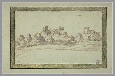 Paysage avec des maisons à tour, entourées d'arbustes, sur une colline, image 1/1