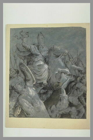 Un évêque à cheval, armé d'un fouet, poursuivant des soldats, image 1/1