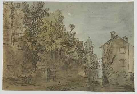 Rochers couverts d'arbres, porte rustique et maison, image 1/1