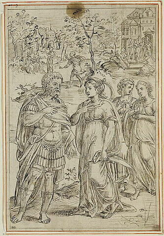 Un guerrier s'entretenant avec une femme accompagnée de ses deux servantes, image 1/1