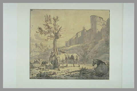 Un berger et son troupeau, avec trois chevaux, près d'un couvent